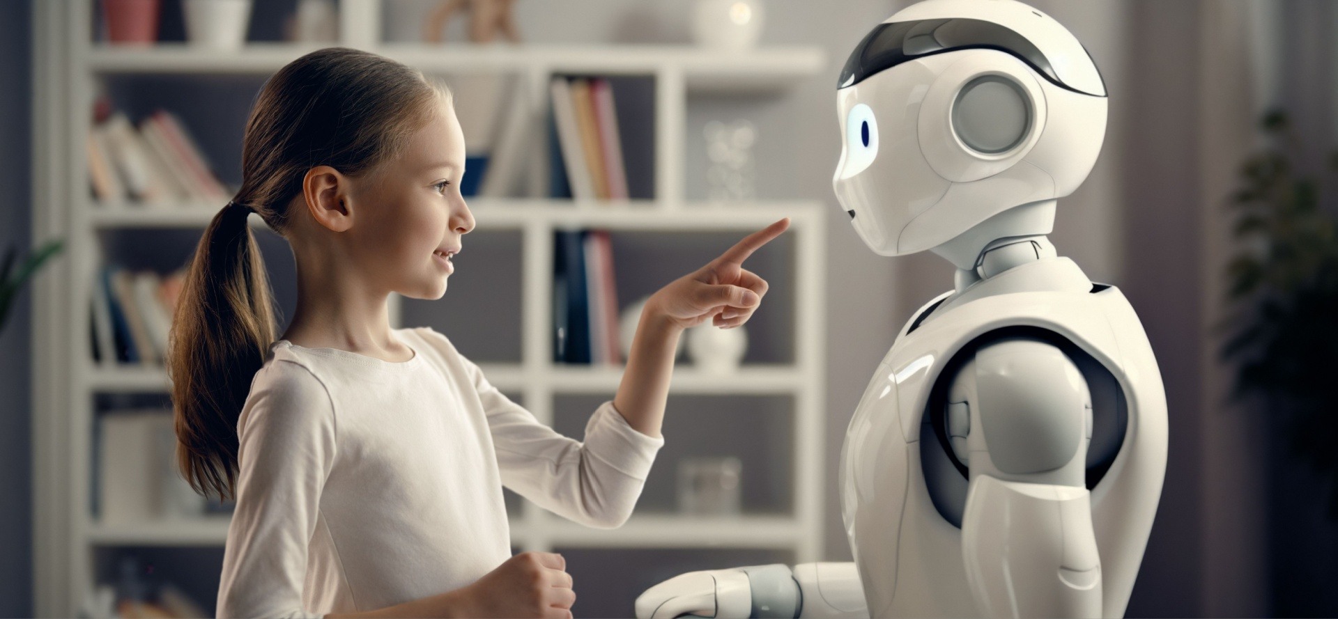 Little girl teaching an AI robot how to do general tasks 