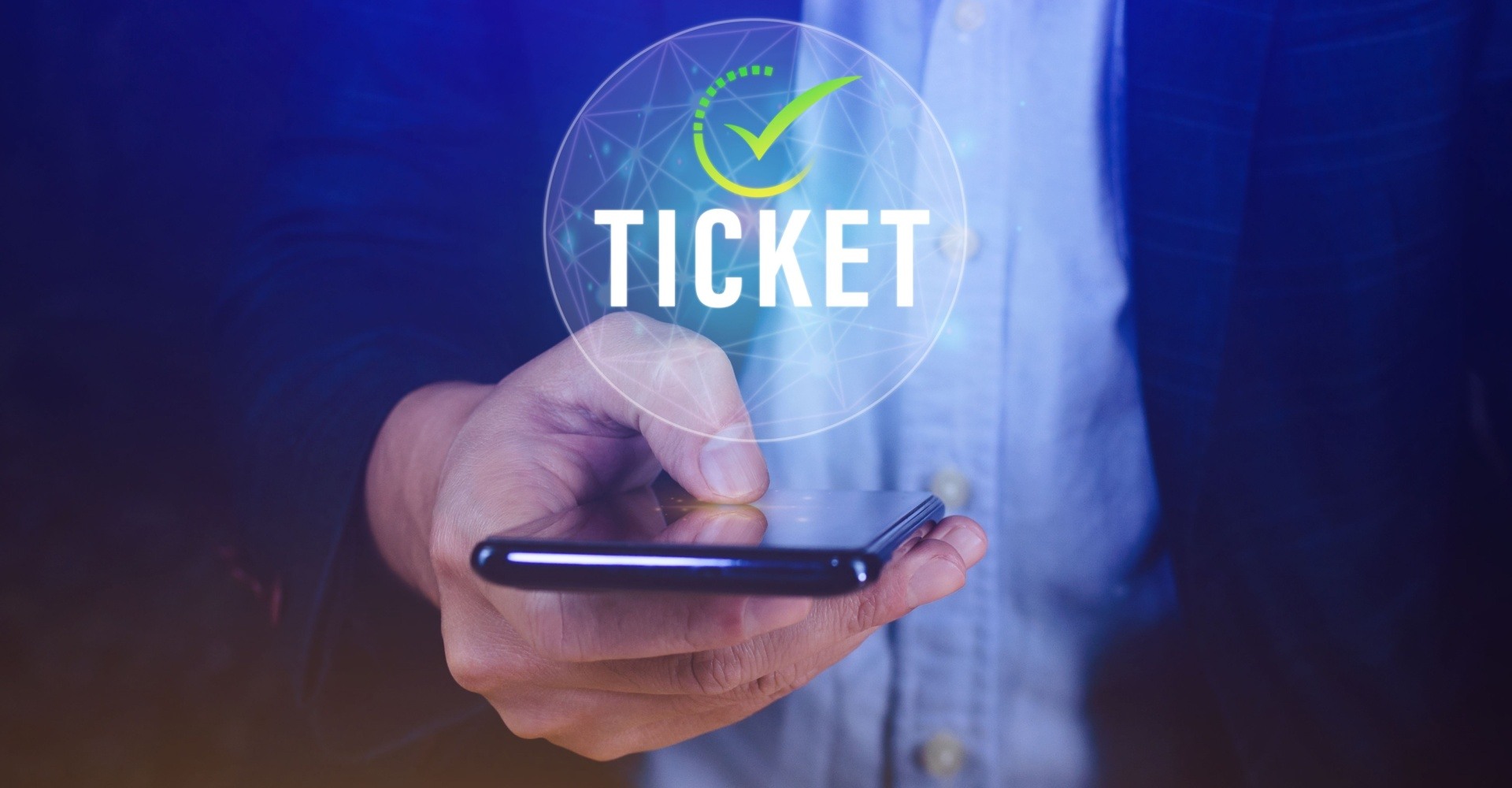 Man holding smartphone with the word ticket over it as a graphic 