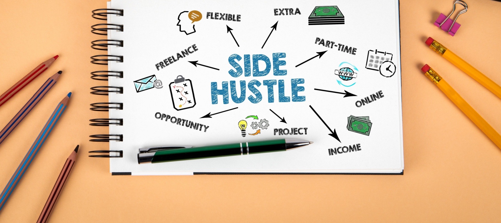 Side hustle graphic with pens on it 