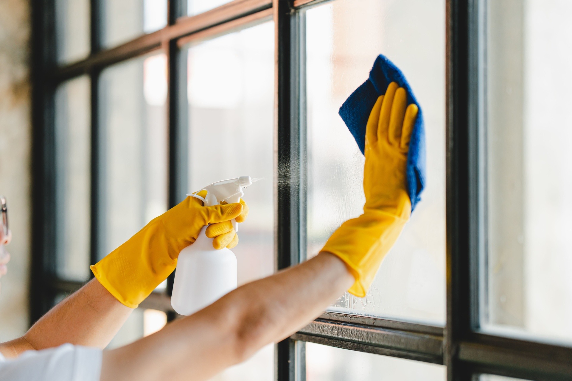 Woman with yellow gloves on cleaning a window 