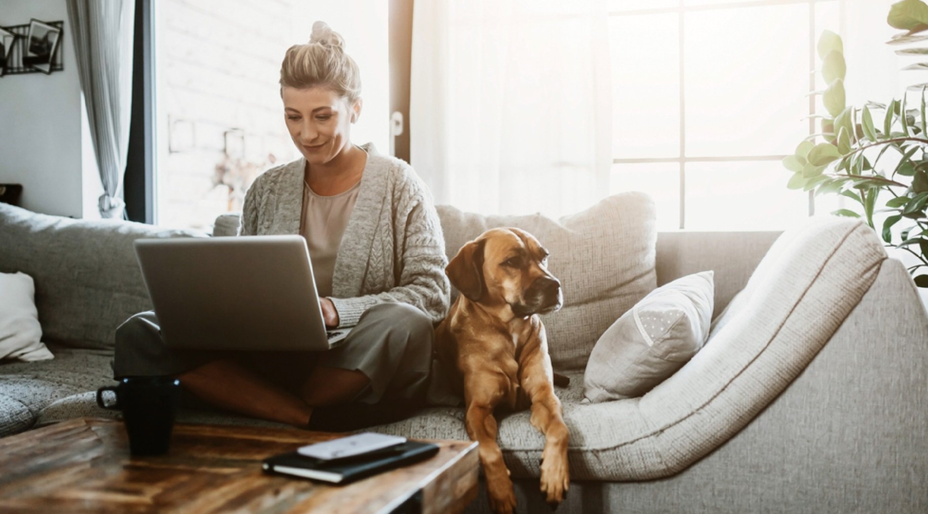 Blonde haired woman completing her side hustle remotely on her sofa with her golden labrador alongside her