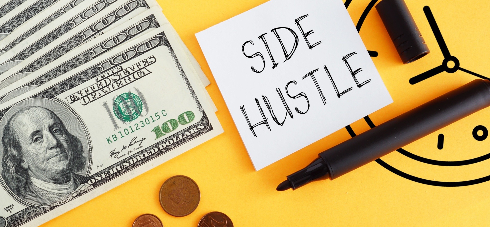 Side hustle graphic with dollar bills scattered on the side