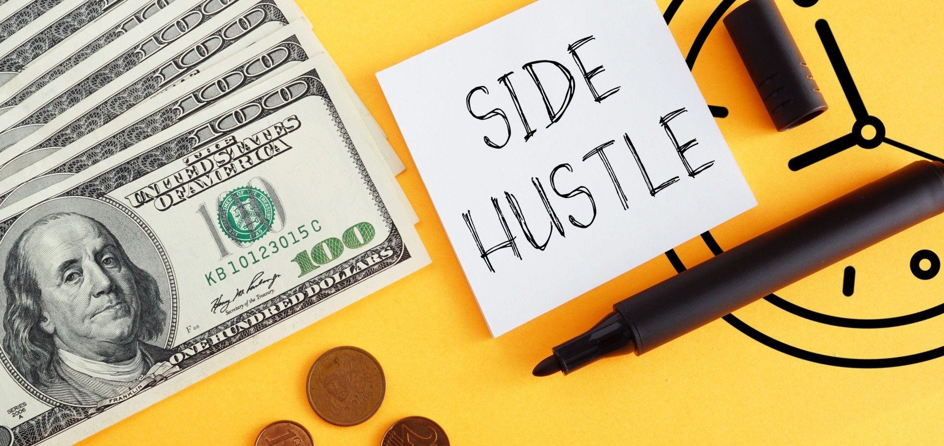 Side hustle graphic with dollar bills and coins 