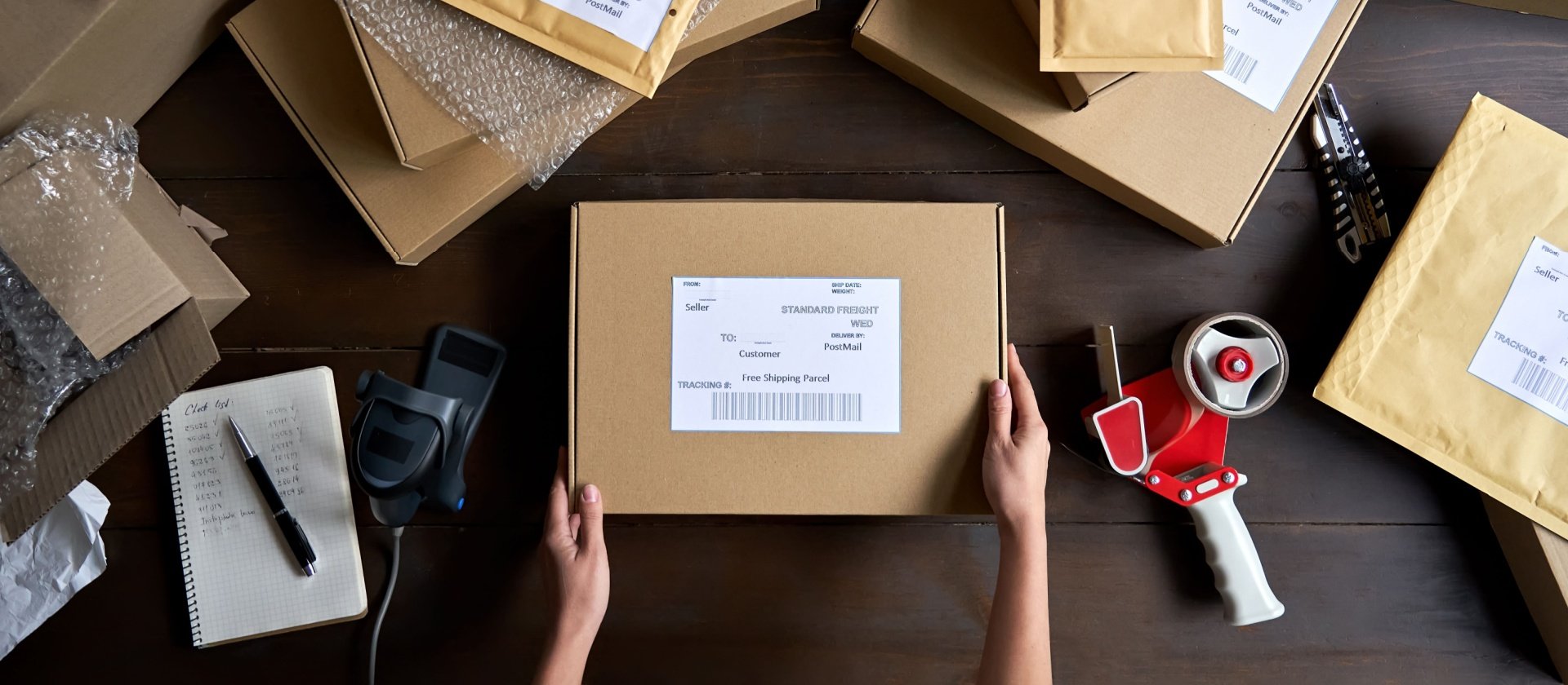 Person packing a box for delivery with other packages all around them on the desk.