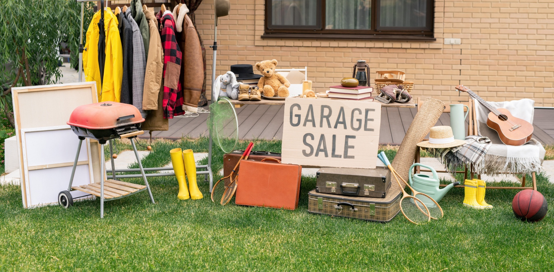 Photo of a garage sale outside of the house. 