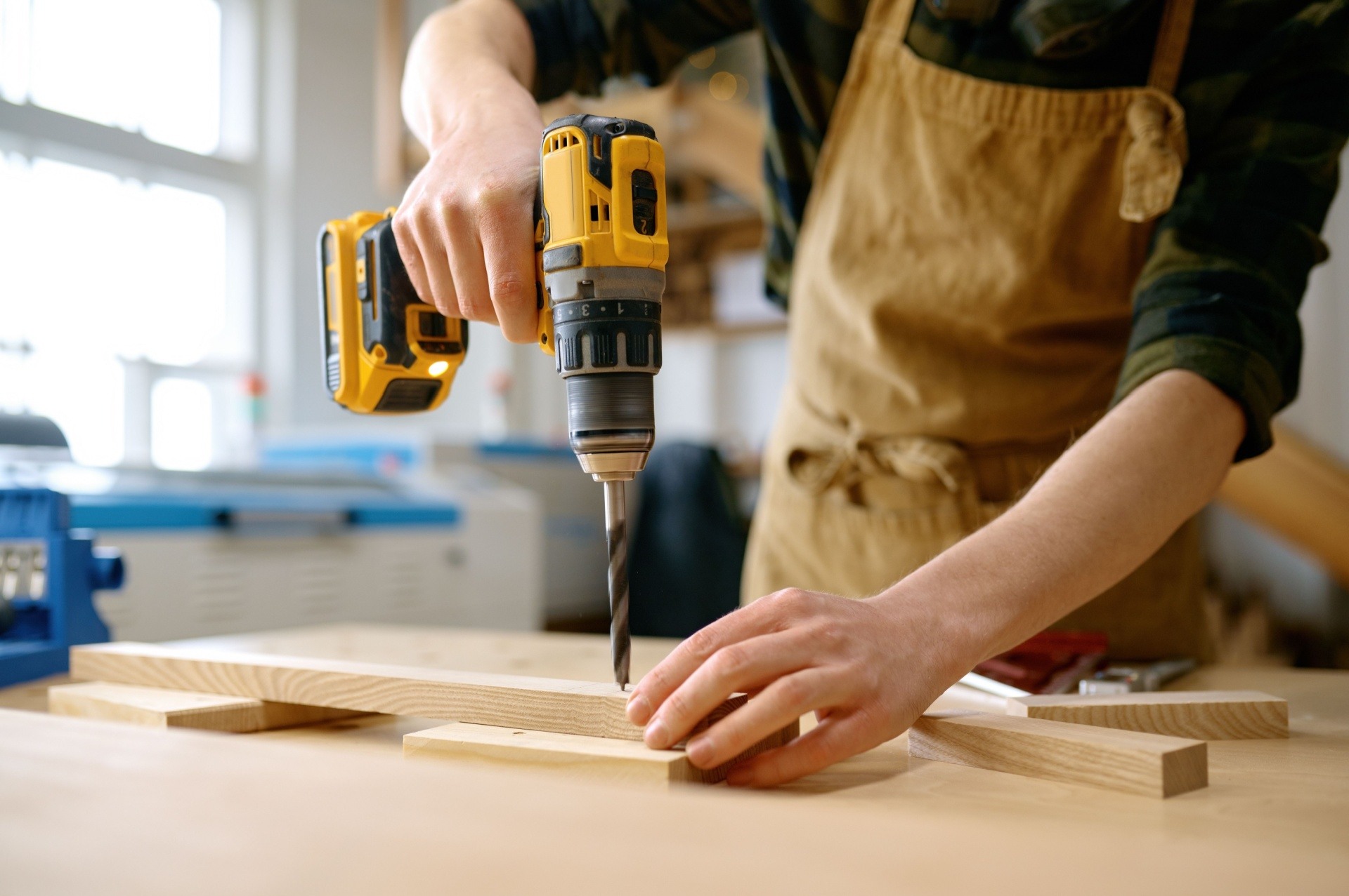 Man using yellow drill to dill into wood wearing a yellow apron 