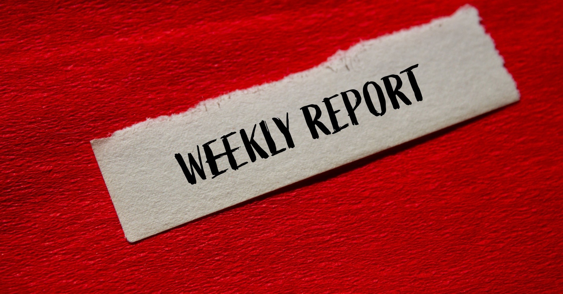 Weekly report cut out from paper laid out onto a red floor