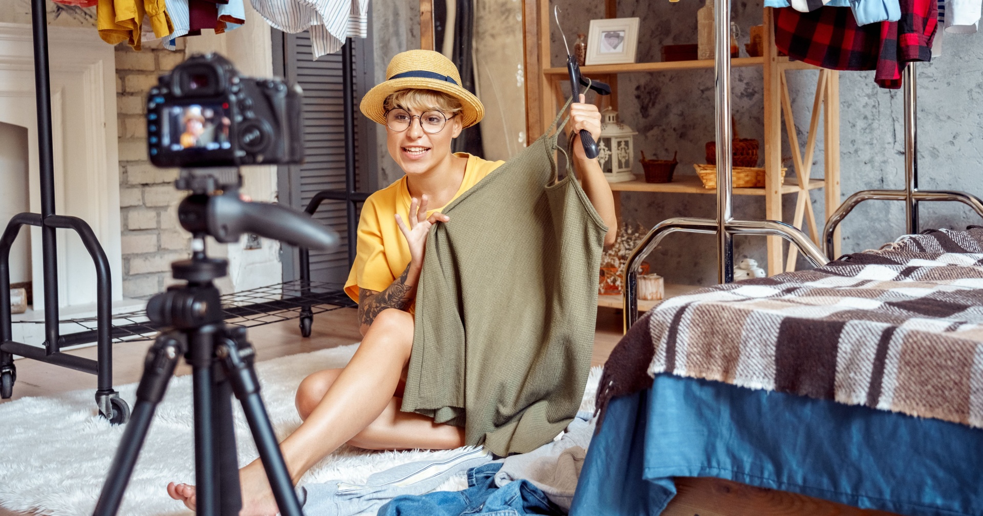 Woman sat on floor in front of camera 